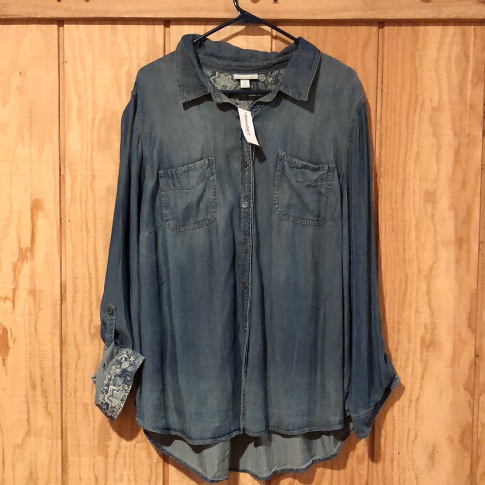 NWT! Distressed Denim Button Down